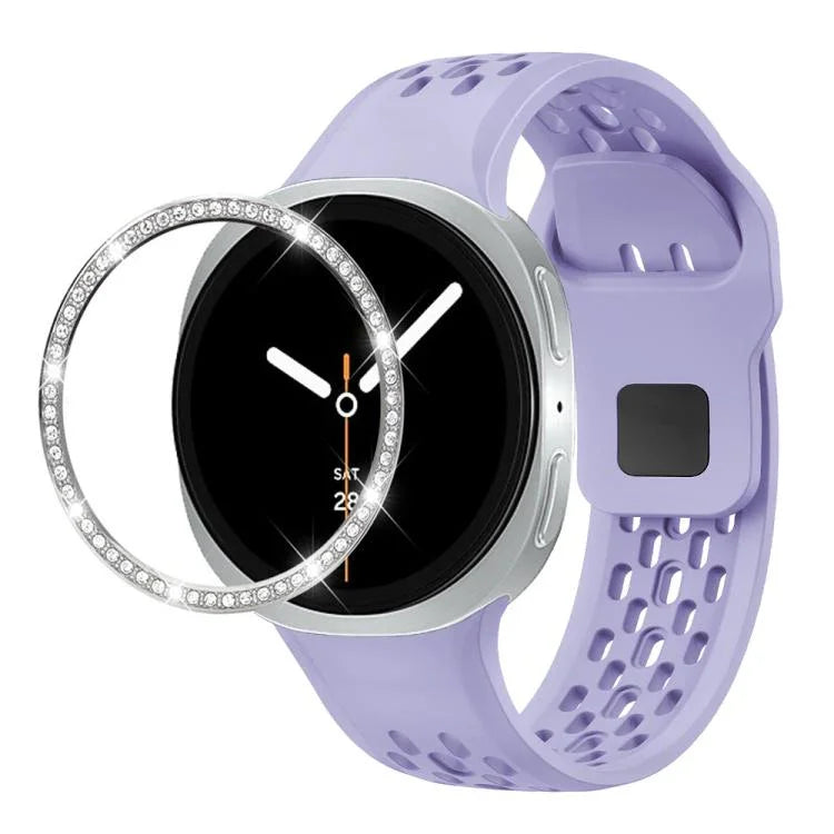 สายรัดนาฬิกาซิลิโคนขอบเพชรพร้อมหัวเข็มขัดสีดำ สำหรับ Samsung Galaxy Watch8 44 มม. และ 40 มม.