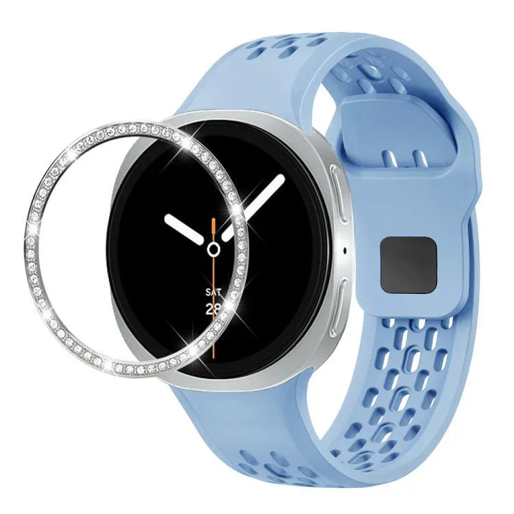 สายรัดนาฬิกาซิลิโคนขอบเพชรพร้อมหัวเข็มขัดสีดำ สำหรับ Samsung Galaxy Watch8 44 มม. และ 40 มม.
