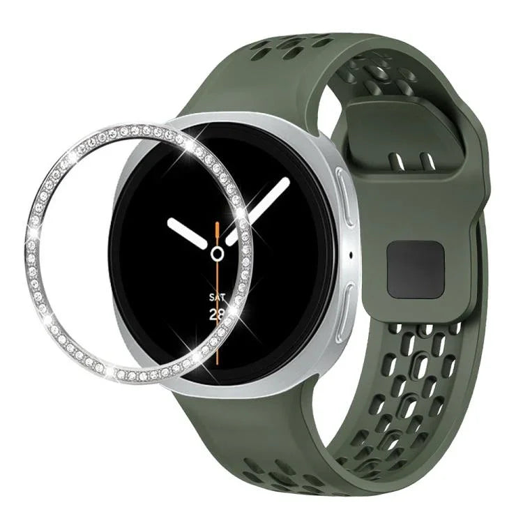 สายรัดนาฬิกาซิลิโคนขอบเพชรพร้อมหัวเข็มขัดสีดำ สำหรับ Samsung Galaxy Watch8 44 มม. และ 40 มม.