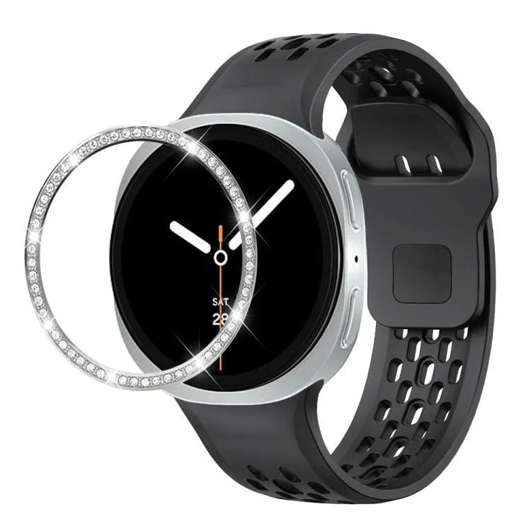 สายรัดนาฬิกาซิลิโคนขอบเพชรพร้อมหัวเข็มขัดสีดำ สำหรับ Samsung Galaxy Watch8 44 มม. และ 40 มม.