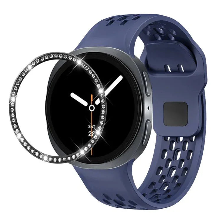สายรัดนาฬิกาซิลิโคนขอบเพชรพร้อมหัวเข็มขัดสีดำ สำหรับ Samsung Galaxy Watch8 44 มม. และ 40 มม.