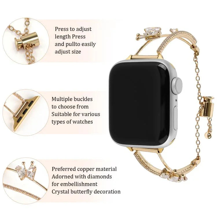 สายรัดนาฬิกาสร้อยข้อมือผีเสื้อฝังทองแดงและเซอร์โคเนียม สำหรับ Apple Watch 46mm / 49mm / 45mm / 44mm, สำหรับ Apple Watch 42mm / 41mm / 40mm / 38mm