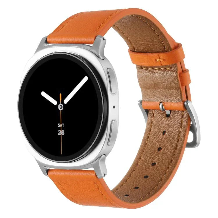 สายรัดนาฬิกาหนังแท้หัวเข็มขัดสแตนเลสสีเงิน สำหรับ Samsung Galaxy Watch8 / Watch8 Classic