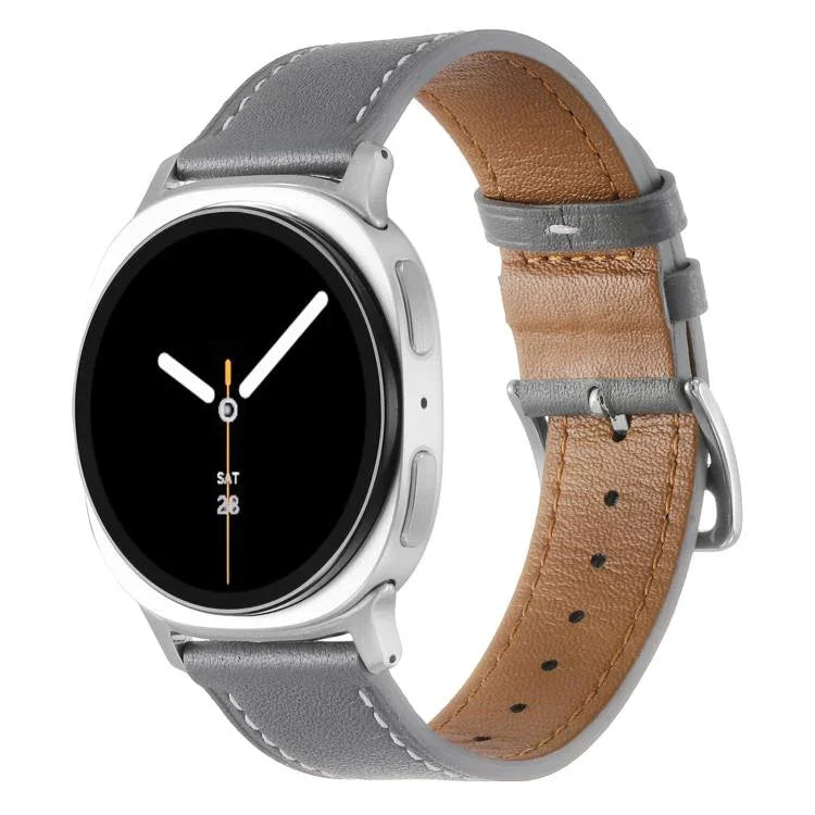 สายรัดนาฬิกาหนังแท้หัวเข็มขัดสแตนเลสสีเงิน สำหรับ Samsung Galaxy Watch8 / Watch8 Classic