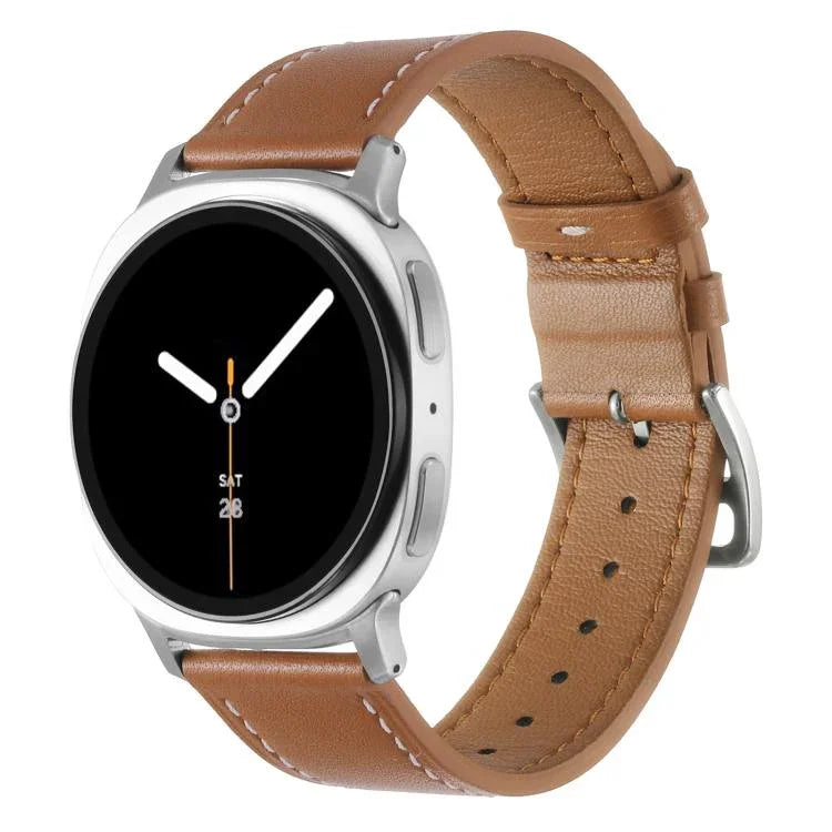 สายรัดนาฬิกาหนังแท้หัวเข็มขัดสแตนเลสสีเงิน สำหรับ Samsung Galaxy Watch8 / Watch8 Classic