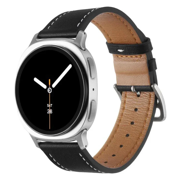 สายรัดนาฬิกาหนังแท้หัวเข็มขัดสแตนเลสสีเงิน สำหรับ Samsung Galaxy Watch8 / Watch8 Classic