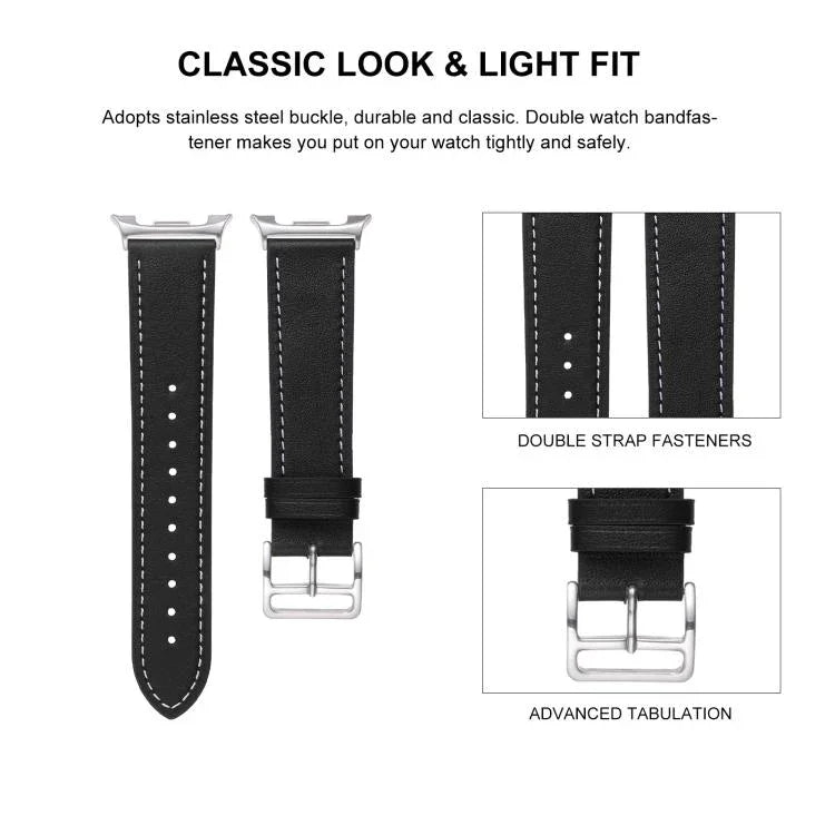 สายรัดนาฬิกาหนังแท้หัวเข็มขัดสแตนเลสสีเงิน สำหรับ Samsung Galaxy Watch8 / Watch8 Classic