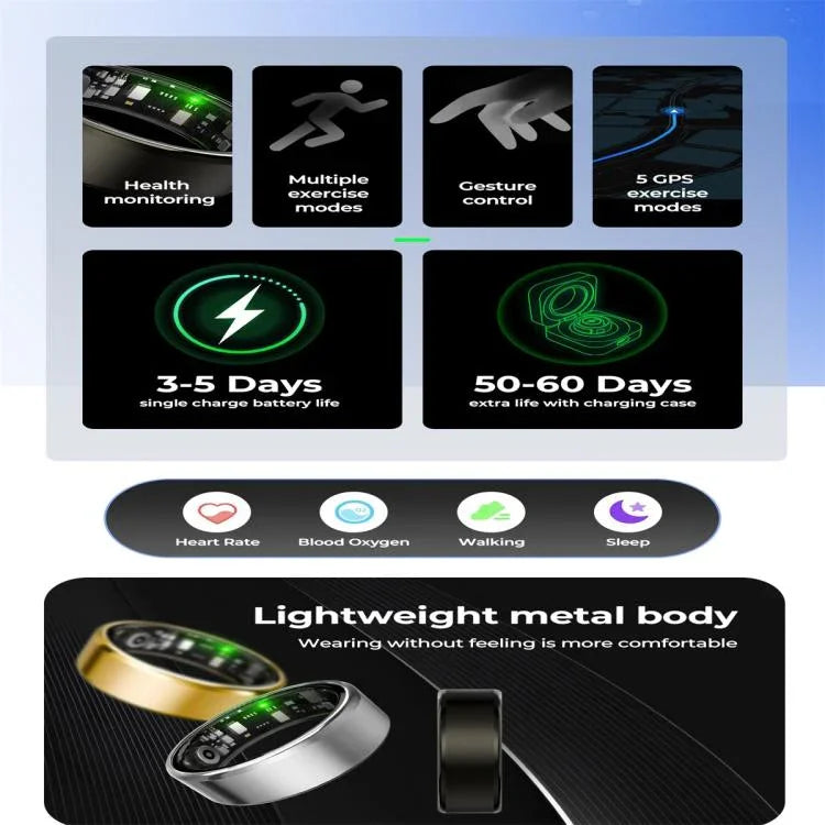 แหวนอัจฉริยะ R100 ขนาด 11 รองรับการวัดอัตราการเต้นของหัวใจ / ออกซิเจนในเลือด / การติดตามการนอนหลับ / ถ่ายภาพระยะไกล