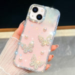 เคสโทรศัพท์กันกระแทกประดับมุกและกลิตเตอร์เพชรรูปผีเสื้อสี่มุม สำหรับ iPhone 13