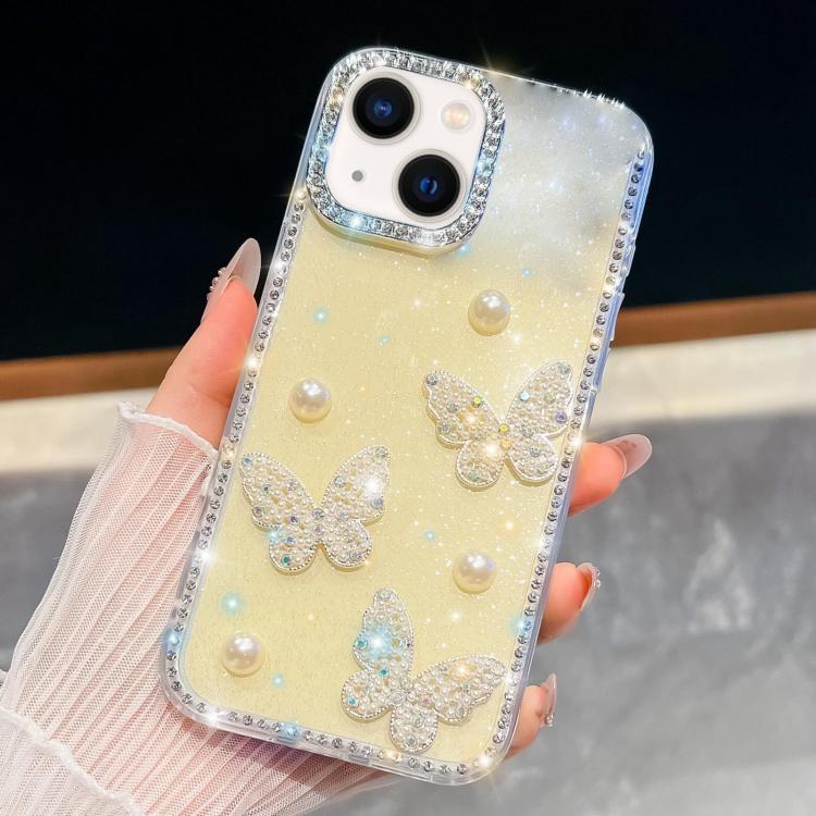 เคสโทรศัพท์กันกระแทกประดับมุกและกลิตเตอร์เพชรรูปผีเสื้อสี่มุม สำหรับ iPhone 13
