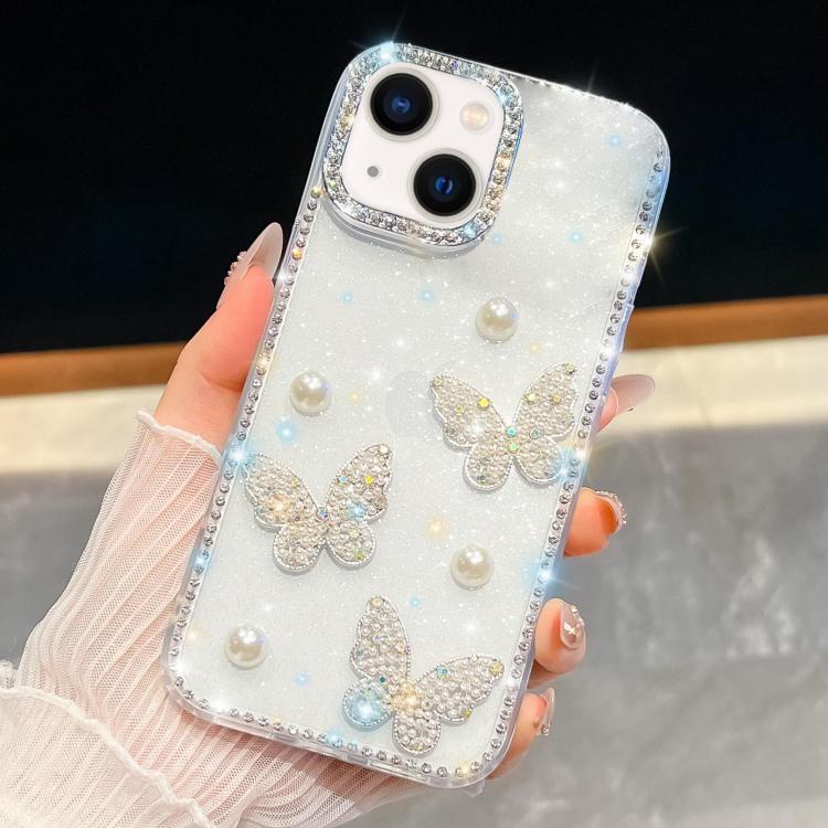 เคสโทรศัพท์กันกระแทกประดับมุกและกลิตเตอร์เพชรรูปผีเสื้อสี่มุม สำหรับ iPhone 13