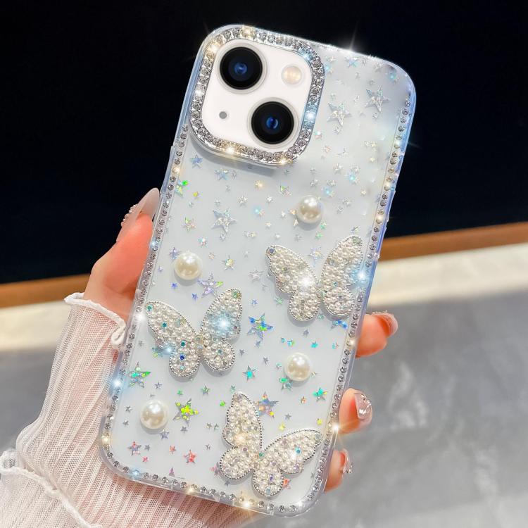เคสโทรศัพท์กันกระแทกประดับมุกและกลิตเตอร์เพชรรูปผีเสื้อสี่มุม สำหรับ iPhone 13