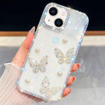 เคสโทรศัพท์กันกระแทกประดับมุกและกลิตเตอร์เพชรรูปผีเสื้อสี่มุม สำหรับ iPhone 13