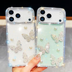เคสโทรศัพท์กันกระแทกประดับมุกและกลิตเตอร์เพชรรูปผีเสื้อสี่มุม สำหรับ iPhone 13