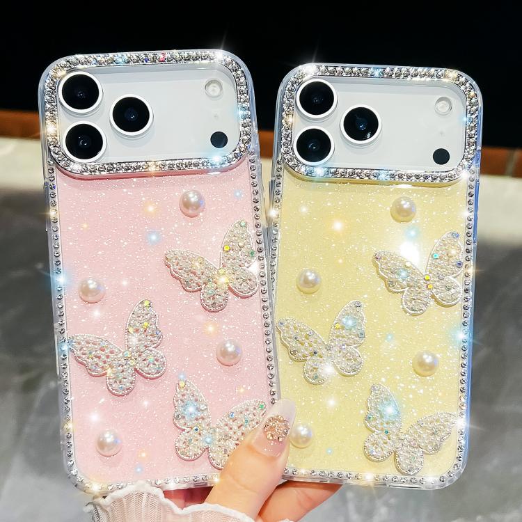 เคสโทรศัพท์กันกระแทกประดับมุกและกลิตเตอร์เพชรรูปผีเสื้อสี่มุม สำหรับ iPhone 13