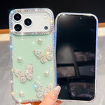 เคสโทรศัพท์กันกระแทกประดับมุกและกลิตเตอร์เพชรรูปผีเสื้อสี่มุม สำหรับ iPhone 13