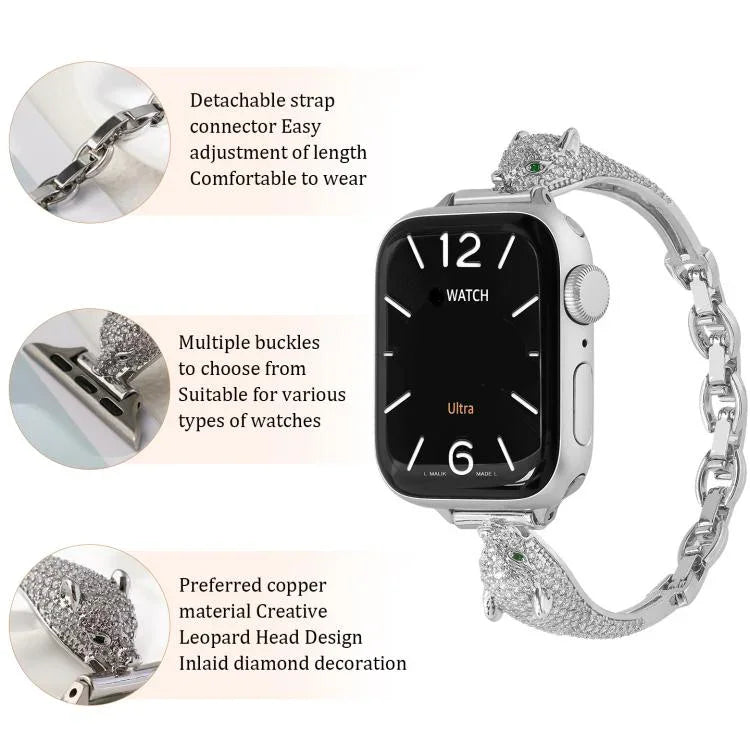 สายรัดนาฬิกาหัวเสือดาวฝังซิริคอนทองแดง สำหรับ Apple Watch ขนาด 46 มม. / 49 มม. / 45 มม. / 44 มม., สำหรับ Apple Watch ขนาด 42 มม. / 41 มม. / 40 มม. / 38 มม.