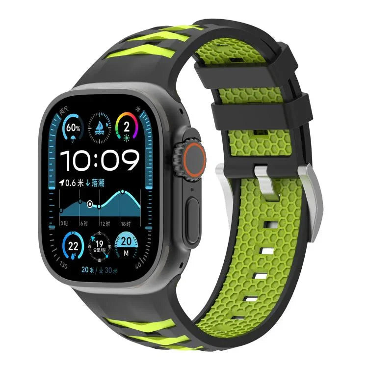 สายรัดนาฬิกาซิลิโคนสองสีลายยางรถยนต์ สำหรับ Apple Watch ขนาด 46 มม. / 49 มม. / 45 มม. / 44 มม., สำหรับ Apple Watch ขนาด 42 มม. / 41 มม. / 40 มม. / 38 มม.