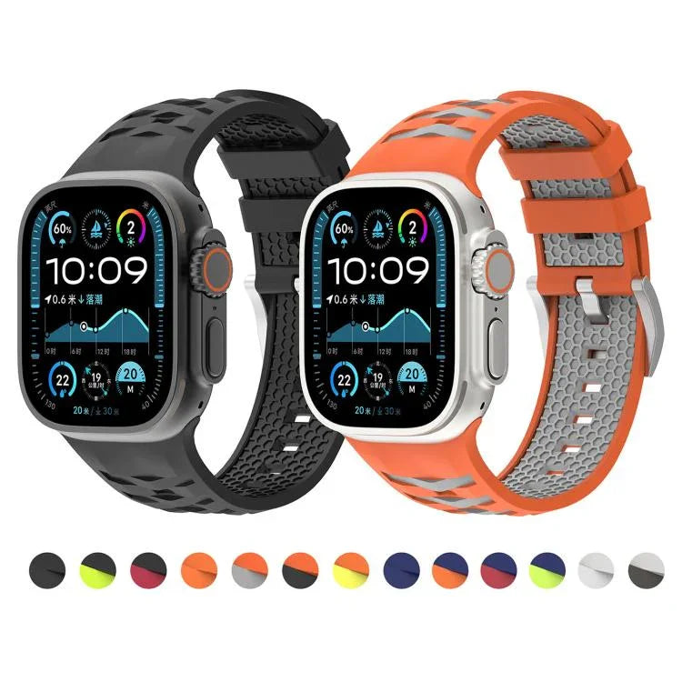 สายรัดนาฬิกาซิลิโคนสองสีลายยางรถยนต์ สำหรับ Apple Watch ขนาด 46 มม. / 49 มม. / 45 มม. / 44 มม., สำหรับ Apple Watch ขนาด 42 มม. / 41 มม. / 40 มม. / 38 มม.