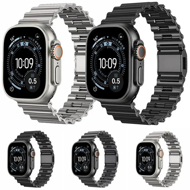สายรัดนาฬิกาสแตนเลสสตีลหัวเข็มขัดแม่เหล็กลายคลื่นทะเล สำหรับ Apple Watch ขนาด 46 มม. / 49 มม. / 45 มม. / 44 มม.