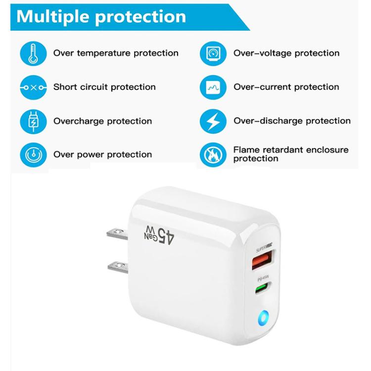 ที่ชาร์จ GaN 45W PD3.0 + QC3.0 รองรับโปรโตคอลเต็มรูปแบบสำหรับแล็ปท็อป / แท็บเล็ต, ปลั๊ก US, ปลั๊ก US
