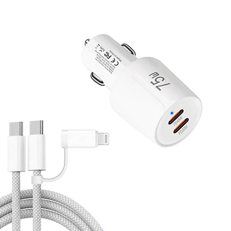 TE-P66 ชาร์จรถยนต์พอร์ต Type-C x 2 กำลังไฟ 75W ชาร์จเร็วแบบสองพอร์ต พร้อมสาย Type-C to Type-C / 8-Pin, TE-P66 พร้อมสาย
