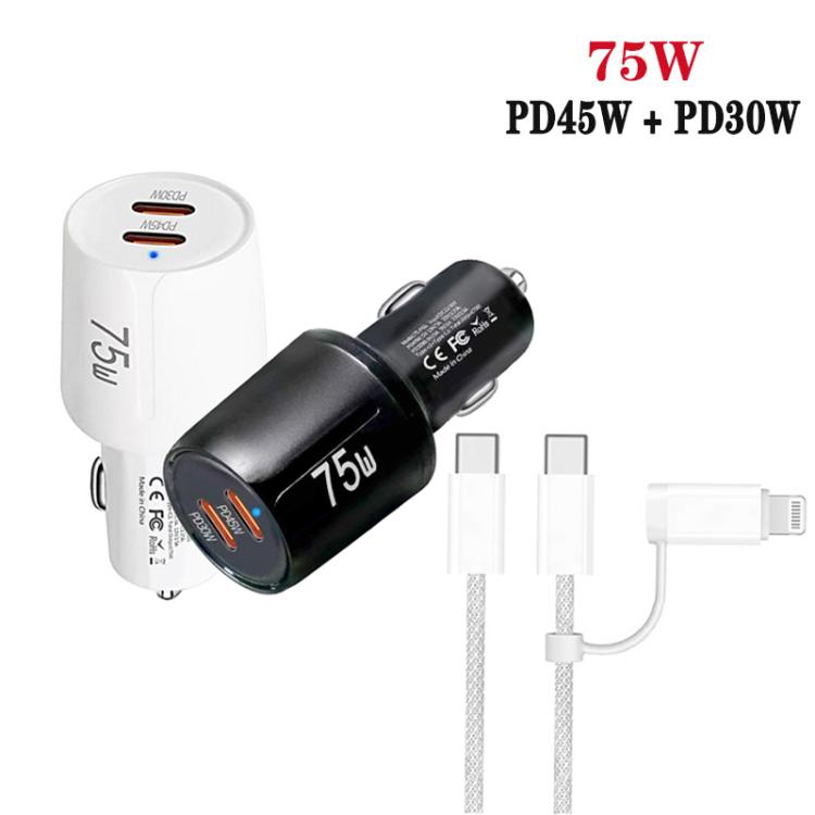 TE-P66 ชาร์จรถยนต์พอร์ต Type-C x 2 กำลังไฟ 75W ชาร์จเร็วแบบสองพอร์ต พร้อมสาย Type-C to Type-C / 8-Pin, TE-P66 พร้อมสาย