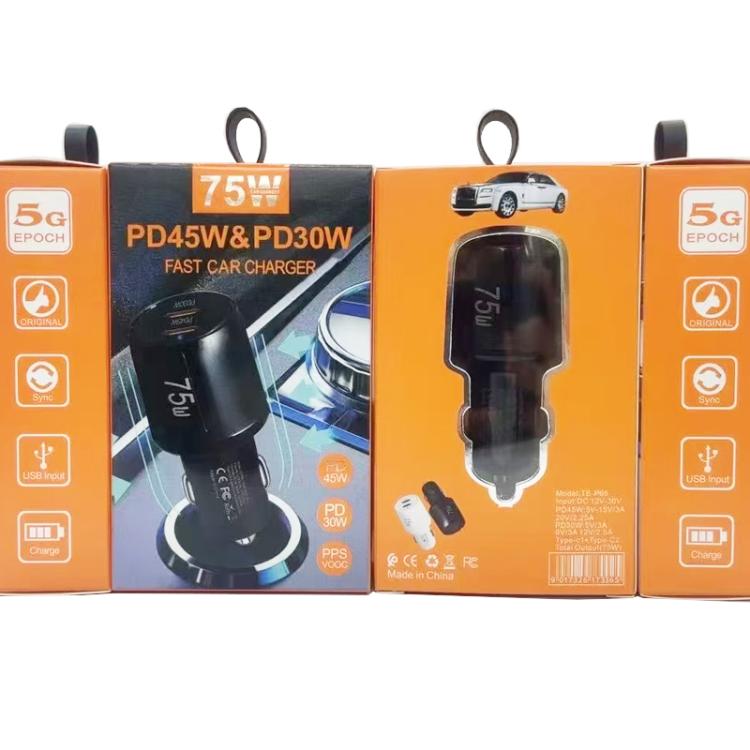TE-P66 ชาร์จรถยนต์พอร์ต Type-C x 2 กำลังไฟ 75W ชาร์จเร็วแบบสองพอร์ต พร้อมสาย Type-C to Type-C / 8-Pin, TE-P66 พร้อมสาย