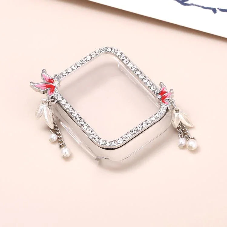 ฝาครอบนาฬิกา PC กลวงเพชรเดี่ยวรูปผีเสื้อพู่ สำหรับ Apple Watch Series 6 / 5 / 4 & SE ขนาด 44 มม., สำหรับ Apple Watch Series 6 / 5 / 4 & SE ขนาด 40 มม., สำหรับ Apple Watch Series 9 / 8 / 7 ขนาด 45 มม., สำหรับ Apple Watch Series 9 / 8 / 7 ขนาด 41 มม.
