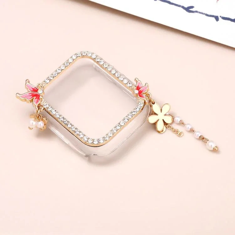 ฝาครอบนาฬิกา PC กลวงเพชรเดี่ยวรูปผีเสื้อพู่ สำหรับ Apple Watch Series 6 / 5 / 4 & SE ขนาด 44 มม., สำหรับ Apple Watch Series 6 / 5 / 4 & SE ขนาด 40 มม., สำหรับ Apple Watch Series 9 / 8 / 7 ขนาด 45 มม., สำหรับ Apple Watch Series 9 / 8 / 7 ขนาด 41 มม.