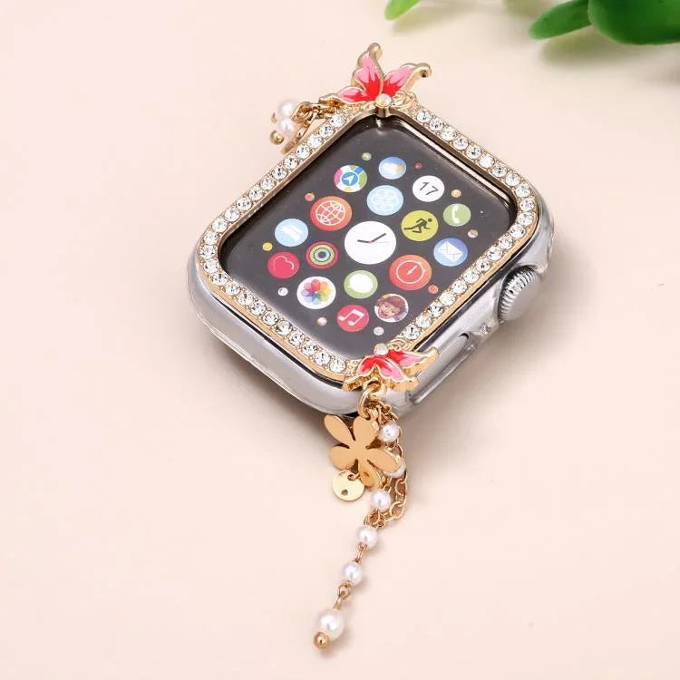 ฝาครอบนาฬิกา PC กลวงเพชรเดี่ยวรูปผีเสื้อพู่ สำหรับ Apple Watch Series 6 / 5 / 4 & SE ขนาด 44 มม., สำหรับ Apple Watch Series 6 / 5 / 4 & SE ขนาด 40 มม., สำหรับ Apple Watch Series 9 / 8 / 7 ขนาด 45 มม., สำหรับ Apple Watch Series 9 / 8 / 7 ขนาด 41 มม.