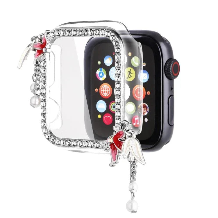 ฝาครอบนาฬิกา PC กลวงเพชรเดี่ยวรูปผีเสื้อพู่ สำหรับ Apple Watch Series 6 / 5 / 4 & SE ขนาด 44 มม., สำหรับ Apple Watch Series 6 / 5 / 4 & SE ขนาด 40 มม., สำหรับ Apple Watch Series 9 / 8 / 7 ขนาด 45 มม., สำหรับ Apple Watch Series 9 / 8 / 7 ขนาด 41 มม.