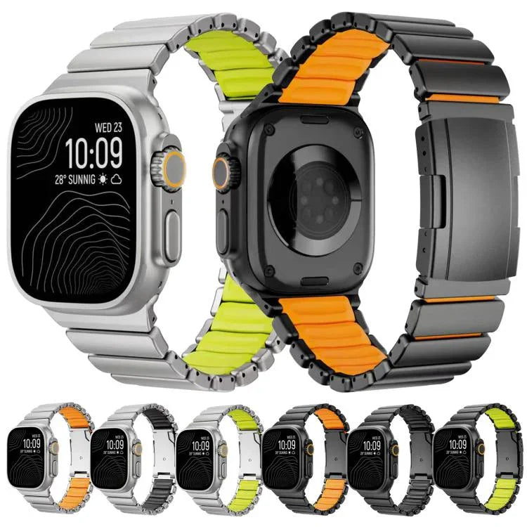 สายรัดนาฬิกาซิลิโคนโลหะไทเทเนียมสองสีพร้อมหัวเข็มขัดเต่า สำหรับ Apple Watch ขนาด 46 มม. / 49 มม. / 45 มม. / 44 มม.