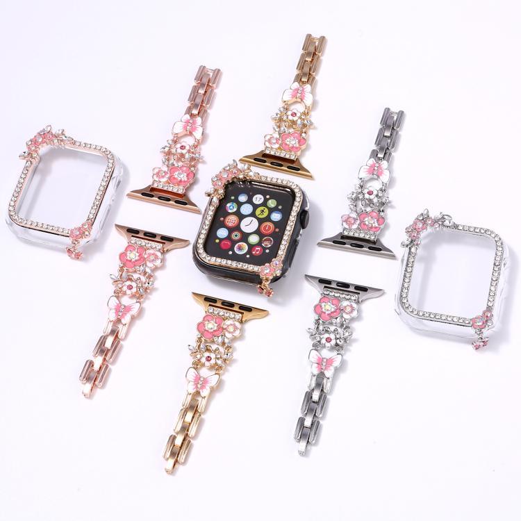 ชุดสายรัดนาฬิกาเปลือกกลวงเพชรเดี่ยวดอกไม้พู่ สำหรับ Apple Watch Series 6 / 5 / 4 & SE 44 มม., สำหรับ Apple Watch Series 6 / 5 / 4 & SE 40 มม., สำหรับ Apple Watch Series 10 / 11 46 มม., สำหรับ Apple Watch Series 10 / 11 42 มม.