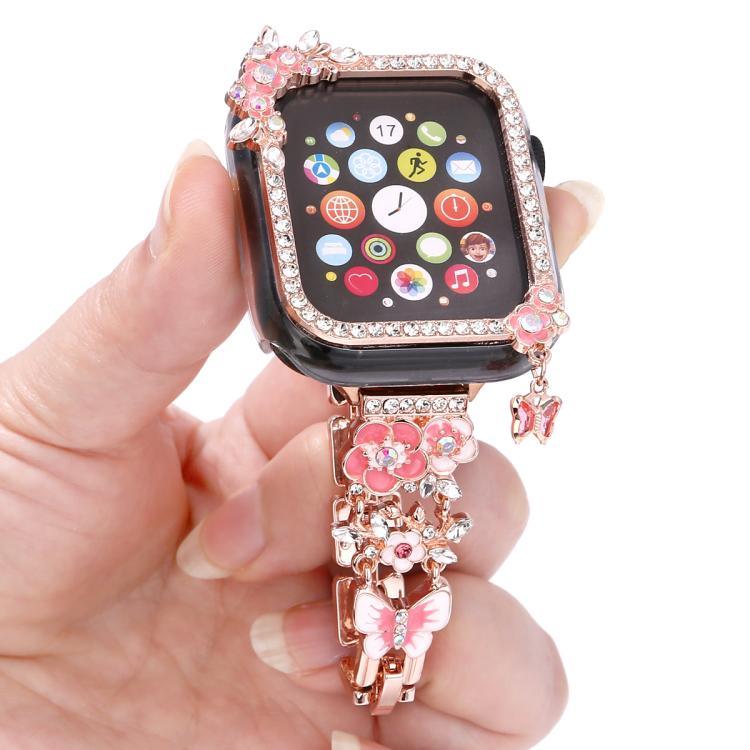 ชุดสายรัดนาฬิกาเปลือกกลวงเพชรเดี่ยวดอกไม้พู่ สำหรับ Apple Watch Series 6 / 5 / 4 & SE 44 มม., สำหรับ Apple Watch Series 6 / 5 / 4 & SE 40 มม., สำหรับ Apple Watch Series 10 / 11 46 มม., สำหรับ Apple Watch Series 10 / 11 42 มม.
