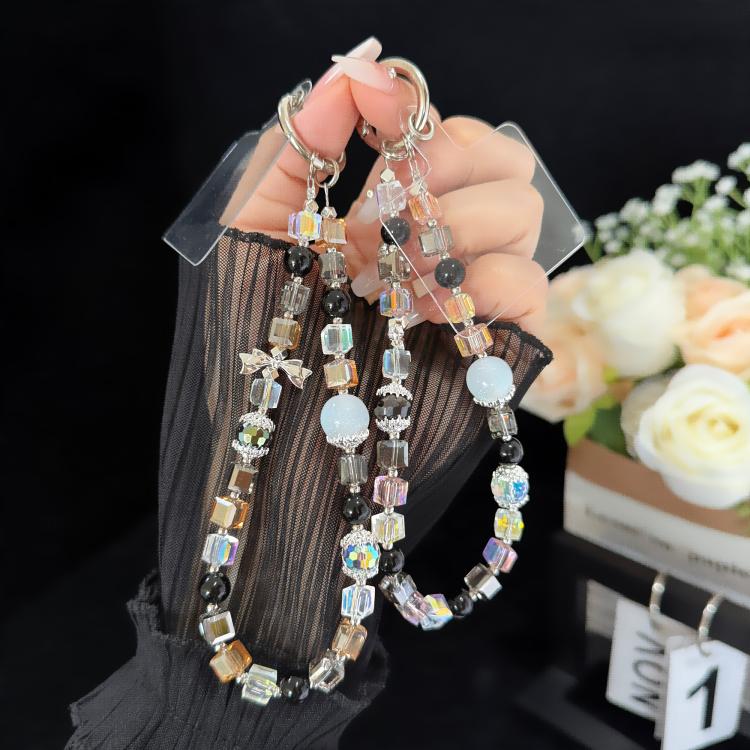 สายคล้องโทรศัพท์ลูกบาศก์โฮโลกราฟิกคริสตัลสีดำรูปโบว์ประกายแวววาว สีชมพู ทอง