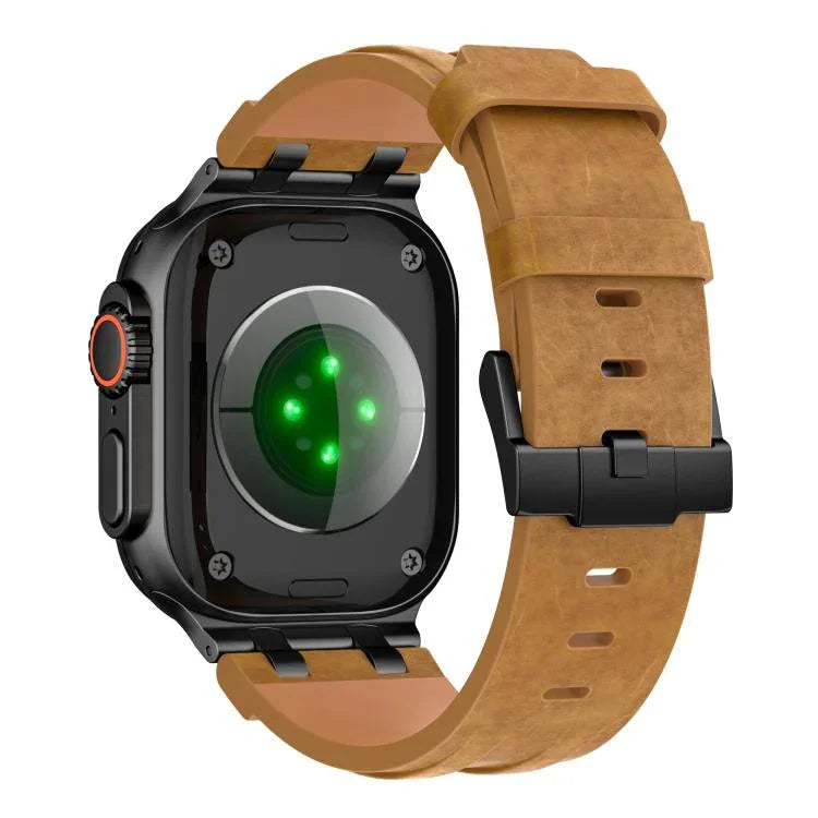 สายนาฬิกาหนังวีแกน Crazy Horse พร้อมหัวเข็มขัดสีดำสแตนเลสสตีล สำหรับ Apple Watch 46 มม. / 49 มม. / 45 มม. / 44 มม.