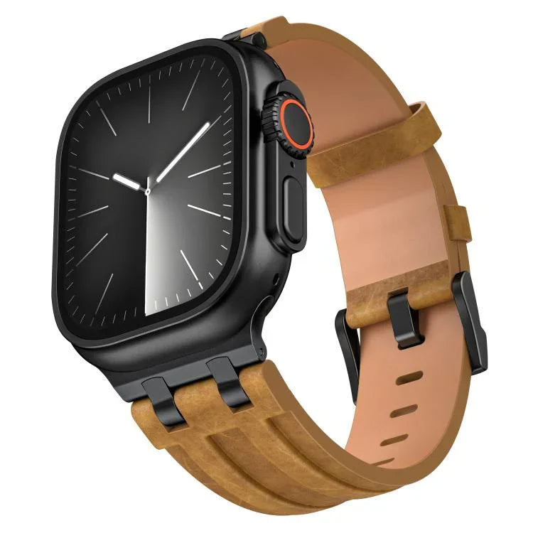 สายนาฬิกาหนังวีแกน Crazy Horse พร้อมหัวเข็มขัดสีดำสแตนเลสสตีล สำหรับ Apple Watch 46 มม. / 49 มม. / 45 มม. / 44 มม.