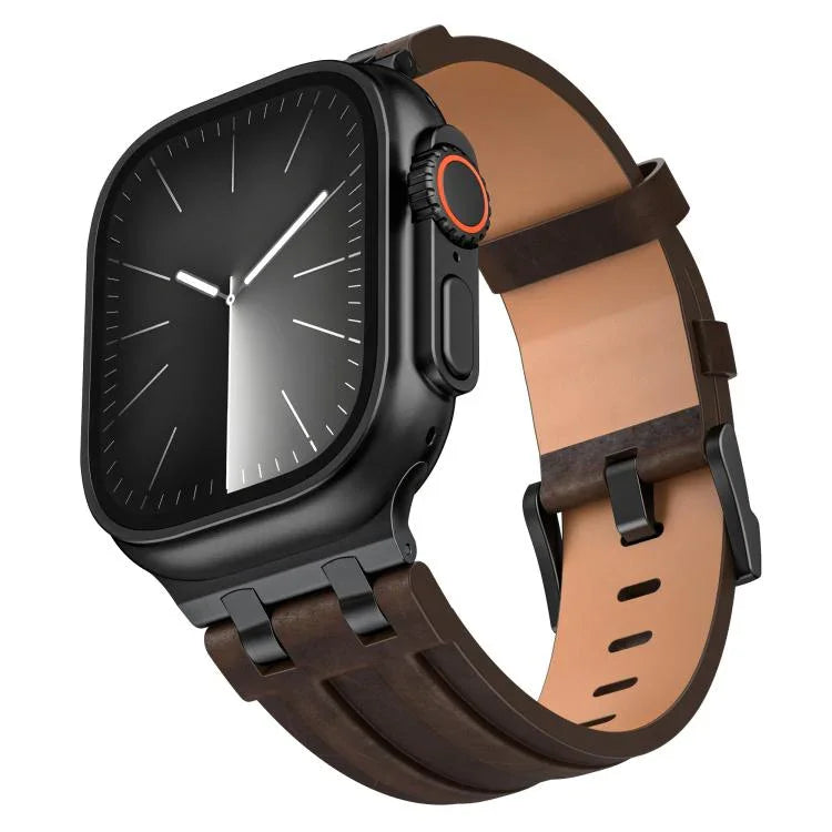 สายนาฬิกาหนังวีแกน Crazy Horse พร้อมหัวเข็มขัดสีดำสแตนเลสสตีล สำหรับ Apple Watch 46 มม. / 49 มม. / 45 มม. / 44 มม.