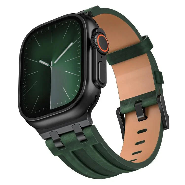 สายนาฬิกาหนังวีแกน Crazy Horse พร้อมหัวเข็มขัดสีดำสแตนเลสสตีล สำหรับ Apple Watch 46 มม. / 49 มม. / 45 มม. / 44 มม.
