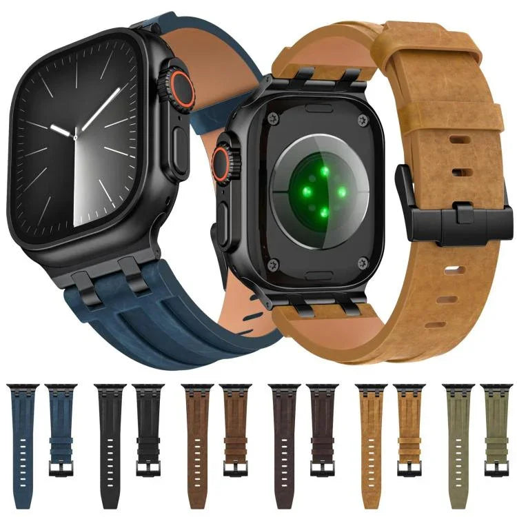 สายนาฬิกาหนังวีแกน Crazy Horse พร้อมหัวเข็มขัดสีดำสแตนเลสสตีล สำหรับ Apple Watch 46 มม. / 49 มม. / 45 มม. / 44 มม.