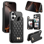เคสโทรศัพท์กระเป๋าใส่บัตรหนังวีแกนลายเพชรโลหะโบว์พร้อมกระจก สำหรับ iPhone 17 Pro Max, สำหรับ iPhone 17 Pro, สำหรับ iPhone 17, สำหรับ iPhone 16 Pro Max, สำหรับ iPhone 16 Pro, สำหรับ iPhone 16 Plus, สำหรับ iPhone 16
