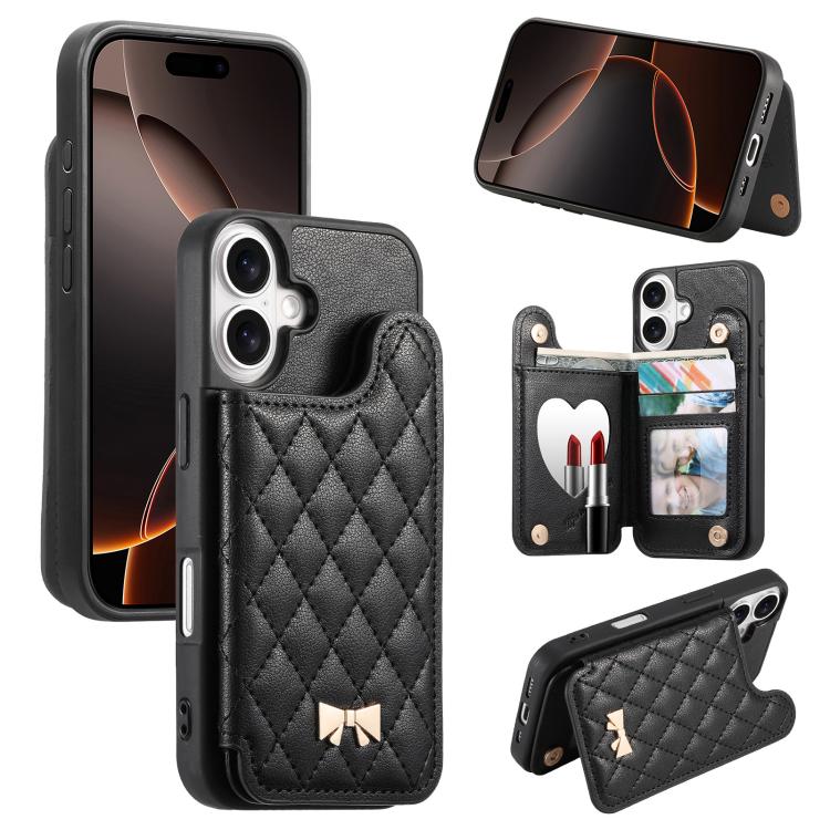 เคสโทรศัพท์กระเป๋าใส่บัตรหนังวีแกนลายเพชรโลหะโบว์พร้อมกระจก สำหรับ iPhone 17 Pro Max, สำหรับ iPhone 17 Pro, สำหรับ iPhone 17, สำหรับ iPhone 16 Pro Max, สำหรับ iPhone 16 Pro, สำหรับ iPhone 16 Plus, สำหรับ iPhone 16