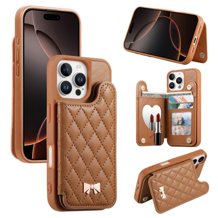 เคสโทรศัพท์กระเป๋าใส่บัตรหนังวีแกนลายเพชรโลหะโบว์พร้อมกระจก สำหรับ iPhone 17 Pro Max, สำหรับ iPhone 17 Pro, สำหรับ iPhone 17, สำหรับ iPhone 16 Pro Max, สำหรับ iPhone 16 Pro, สำหรับ iPhone 16 Plus, สำหรับ iPhone 16