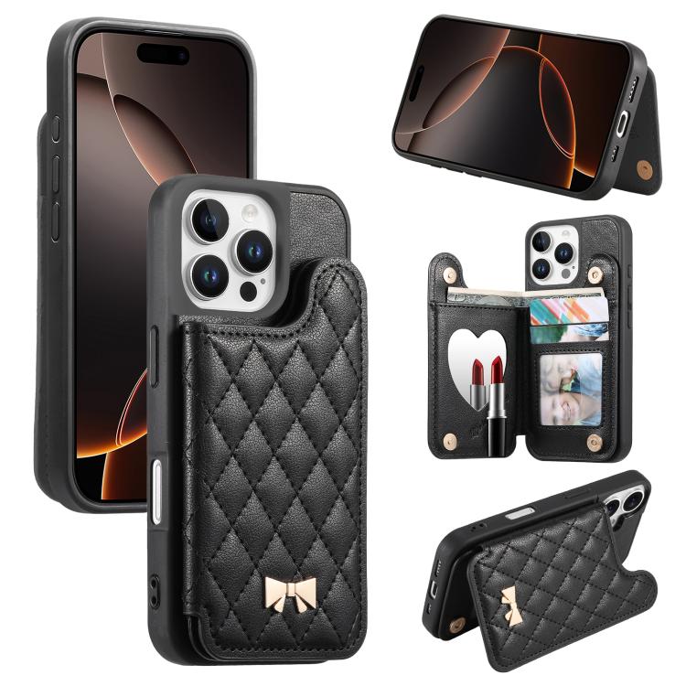 เคสโทรศัพท์กระเป๋าใส่บัตรหนังวีแกนลายเพชรโลหะโบว์พร้อมกระจก สำหรับ iPhone 17 Pro Max, สำหรับ iPhone 17 Pro, สำหรับ iPhone 17, สำหรับ iPhone 16 Pro Max, สำหรับ iPhone 16 Pro, สำหรับ iPhone 16 Plus, สำหรับ iPhone 16