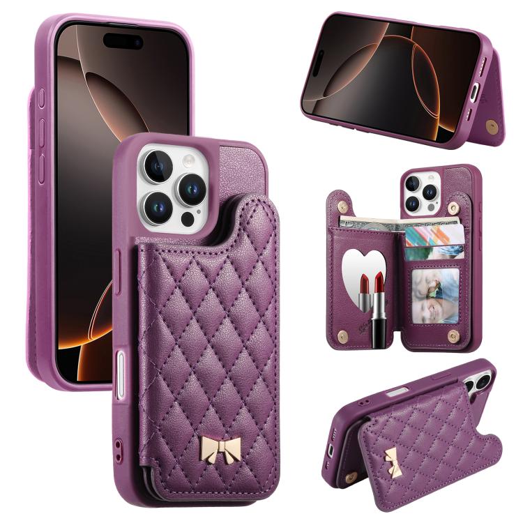 เคสโทรศัพท์กระเป๋าใส่บัตรหนังวีแกนลายเพชรโลหะโบว์พร้อมกระจก สำหรับ iPhone 17 Pro Max, สำหรับ iPhone 17 Pro, สำหรับ iPhone 17, สำหรับ iPhone 16 Pro Max, สำหรับ iPhone 16 Pro, สำหรับ iPhone 16 Plus, สำหรับ iPhone 16