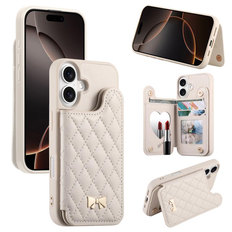 เคสโทรศัพท์กระเป๋าใส่บัตรหนังวีแกนลายเพชรโลหะโบว์พร้อมกระจก สำหรับ iPhone 17 Pro Max, สำหรับ iPhone 17 Pro, สำหรับ iPhone 17, สำหรับ iPhone 16 Pro Max, สำหรับ iPhone 16 Pro, สำหรับ iPhone 16 Plus, สำหรับ iPhone 16