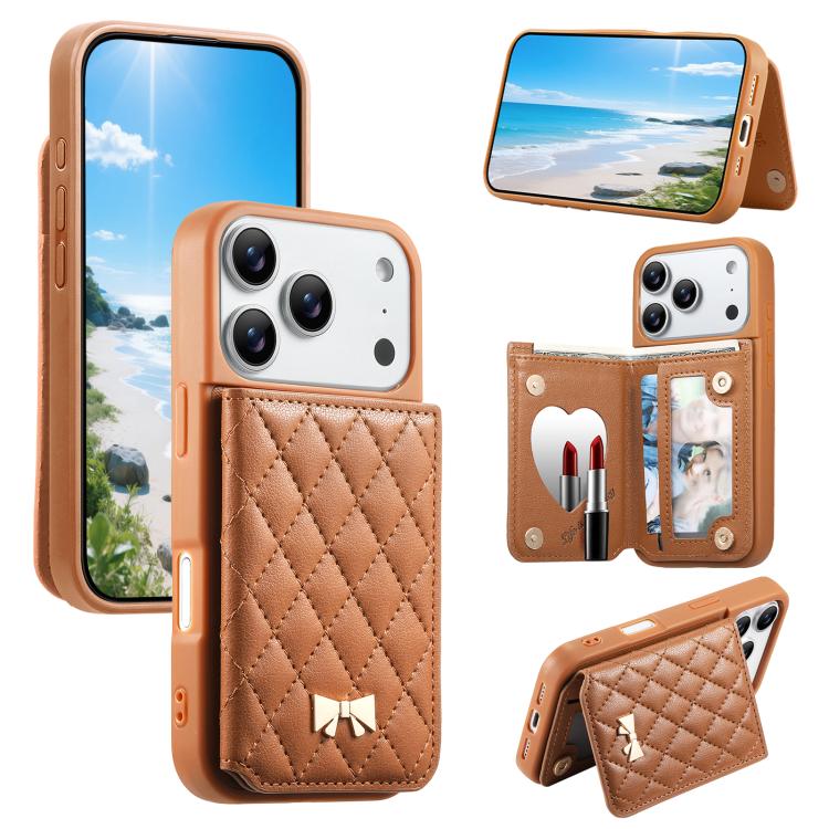 เคสโทรศัพท์กระเป๋าใส่บัตรหนังวีแกนลายเพชรโลหะโบว์พร้อมกระจก สำหรับ iPhone 17 Pro Max, สำหรับ iPhone 17 Pro, สำหรับ iPhone 17, สำหรับ iPhone 16 Pro Max, สำหรับ iPhone 16 Pro, สำหรับ iPhone 16 Plus, สำหรับ iPhone 16