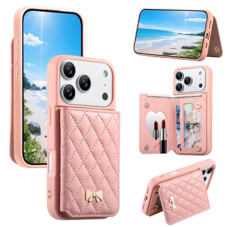เคสโทรศัพท์กระเป๋าใส่บัตรหนังวีแกนลายเพชรโลหะโบว์พร้อมกระจก สำหรับ iPhone 17 Pro Max, สำหรับ iPhone 17 Pro, สำหรับ iPhone 17, สำหรับ iPhone 16 Pro Max, สำหรับ iPhone 16 Pro, สำหรับ iPhone 16 Plus, สำหรับ iPhone 16