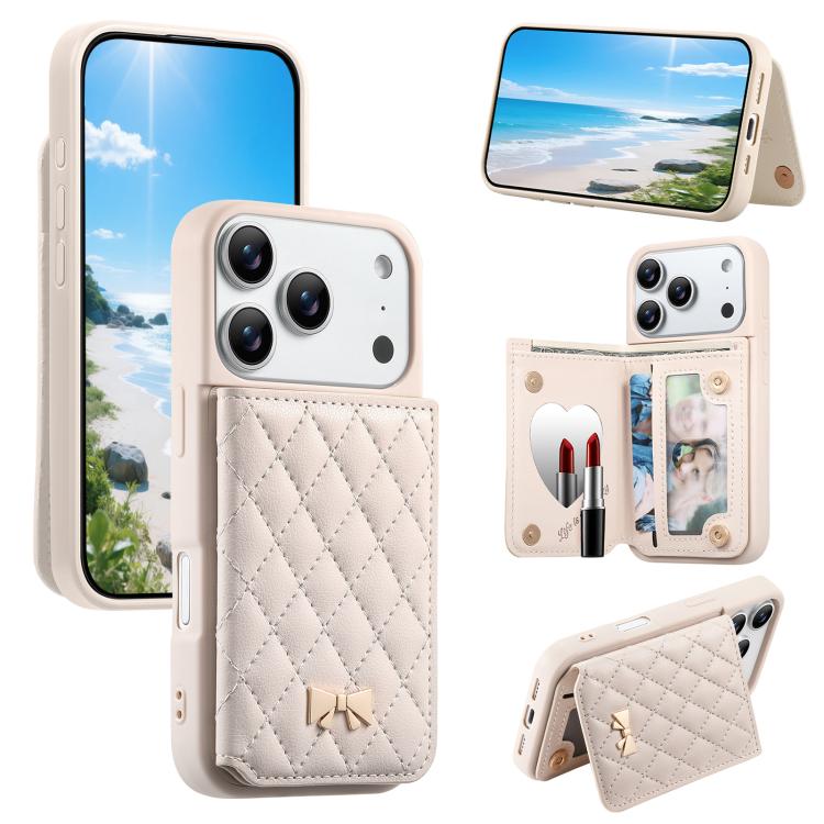 เคสโทรศัพท์กระเป๋าใส่บัตรหนังวีแกนลายเพชรโลหะโบว์พร้อมกระจก สำหรับ iPhone 17 Pro Max, สำหรับ iPhone 17 Pro, สำหรับ iPhone 17, สำหรับ iPhone 16 Pro Max, สำหรับ iPhone 16 Pro, สำหรับ iPhone 16 Plus, สำหรับ iPhone 16